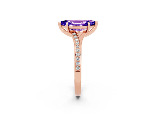 Rose gold Marquise Cut Tanzanite Solitaire Ring with Pavé Band and Prong Setting