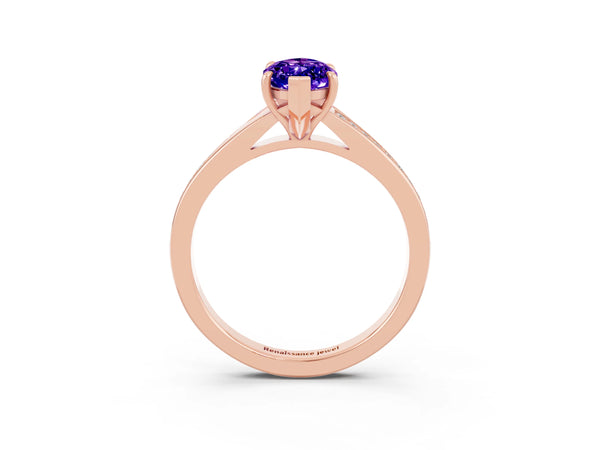 Rose gold Marquise Cut Tanzanite Solitaire Ring with Pavé Band and Prong Setting