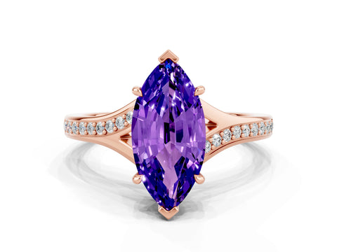 Rose gold Marquise Cut Tanzanite Solitaire Ring with Pavé Band and Prong Setting