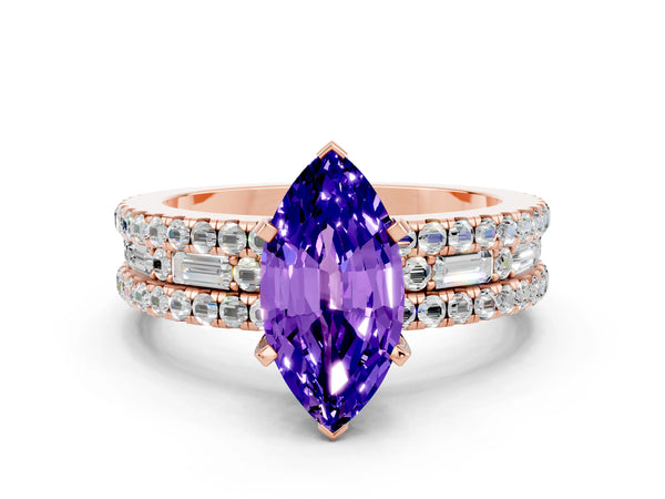 Rose gold Marquise Cut Tanzanite Solitaire Ring with Pavé and Channel Set Band