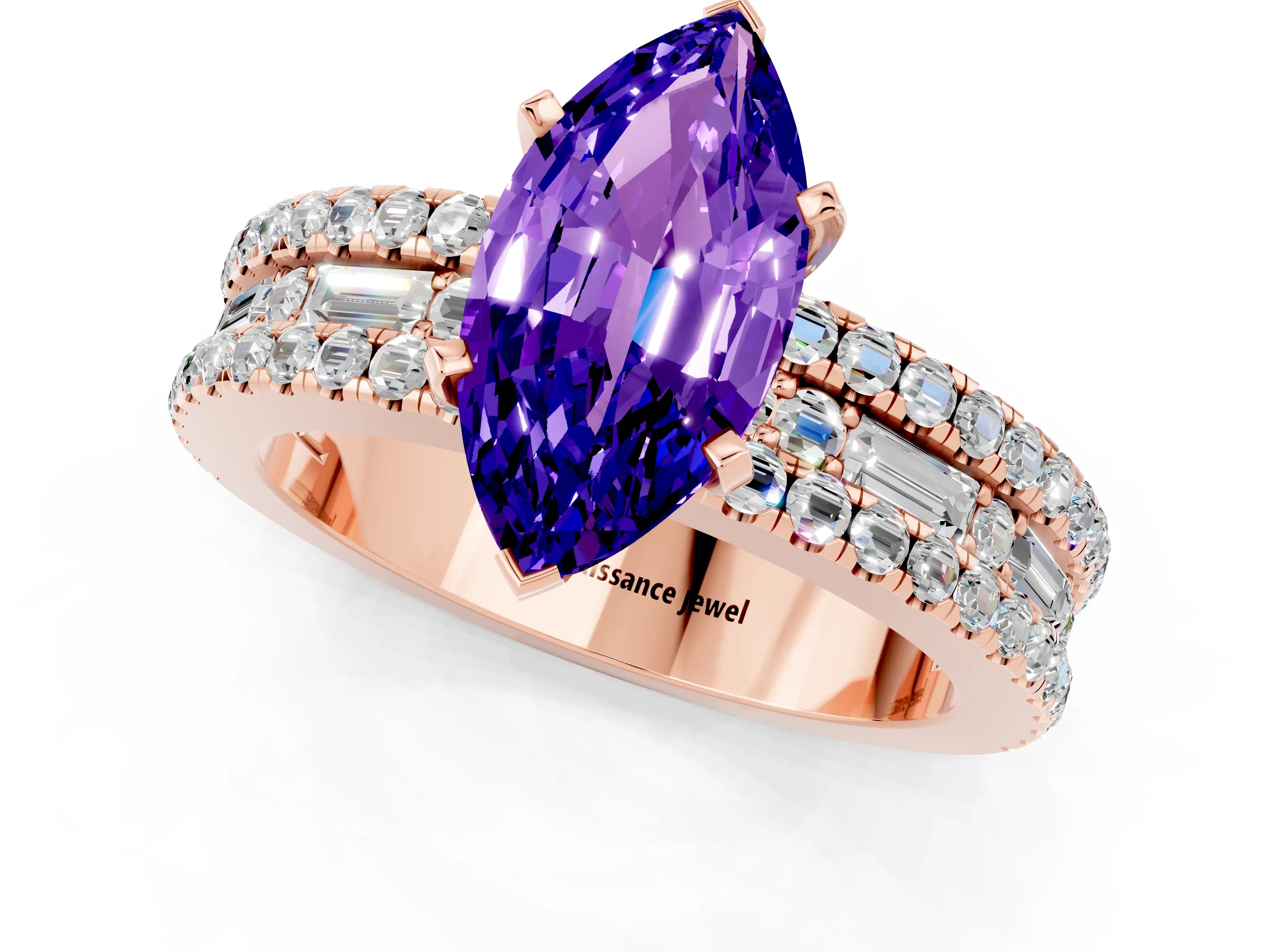 Rose gold Marquise Cut Tanzanite Solitaire Ring with Pavé and Channel Set Band_1
