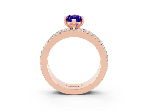 Rose gold Marquise Cut Tanzanite Solitaire Ring with Pavé and Channel Set Band
