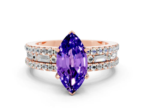 Rose gold Marquise Cut Tanzanite Solitaire Ring with Pavé and Channel Set Band