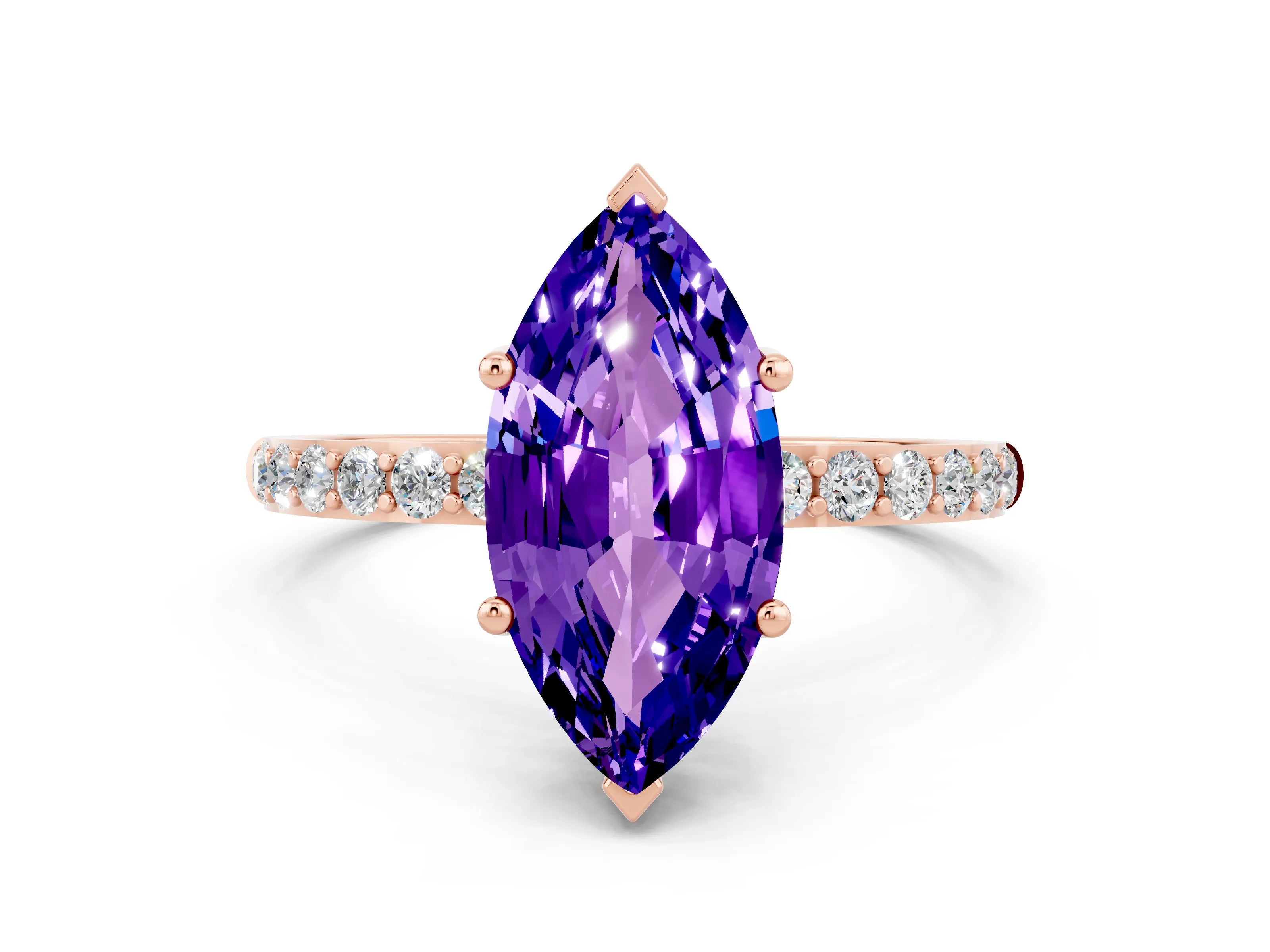 Rose gold Marquise Cut Tanzanite Solitaire Ring with Pave Band and Four Prong Setting_24