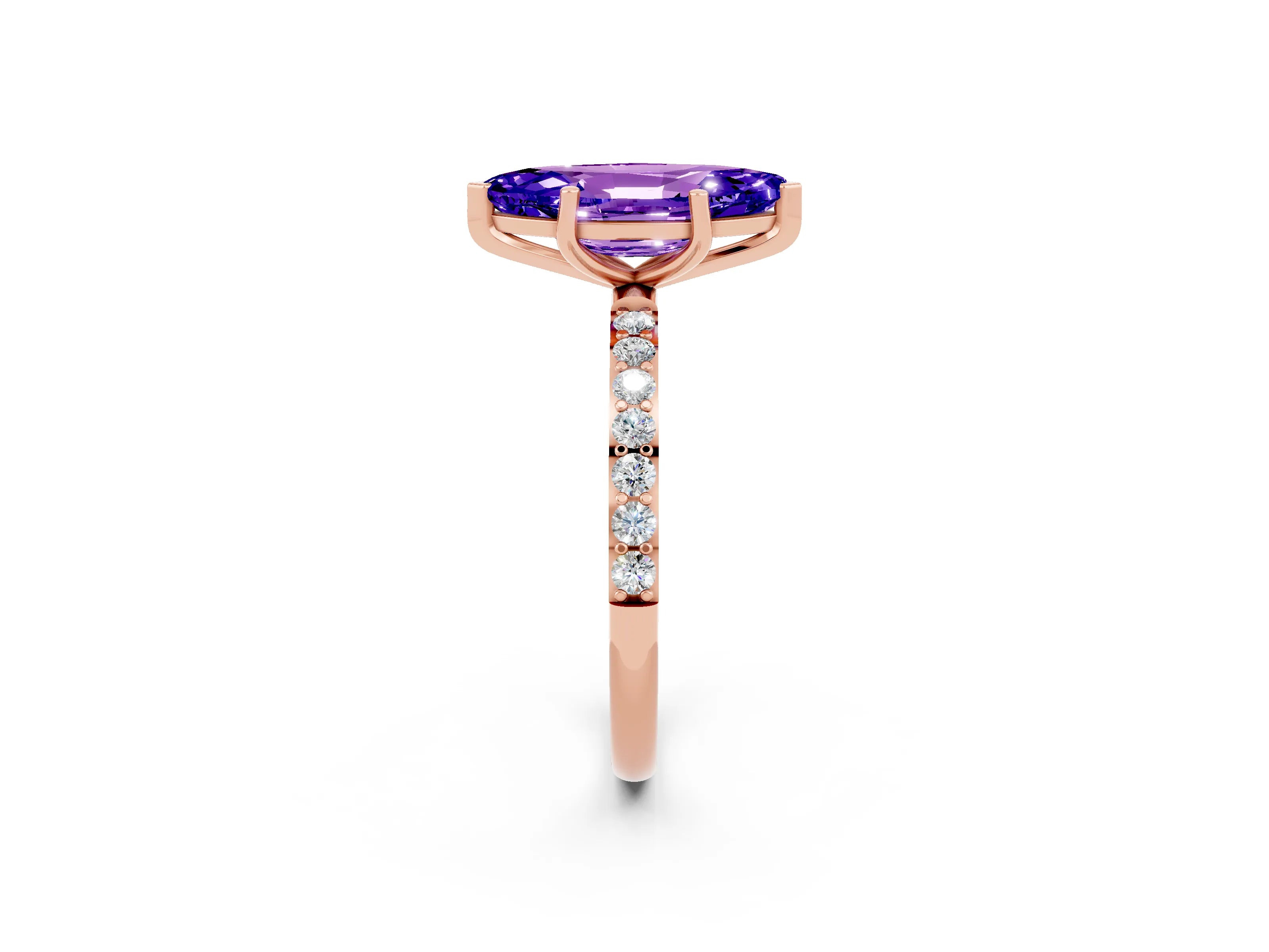 Rose gold Marquise Cut Tanzanite Solitaire Ring with Pave Band and Four Prong Setting_26