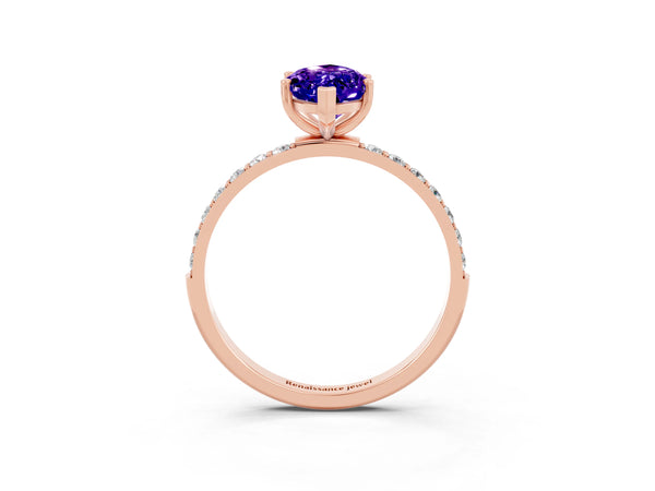 Rose gold Marquise Cut Tanzanite Solitaire Ring with Round  Pavé Band and Prong Setting