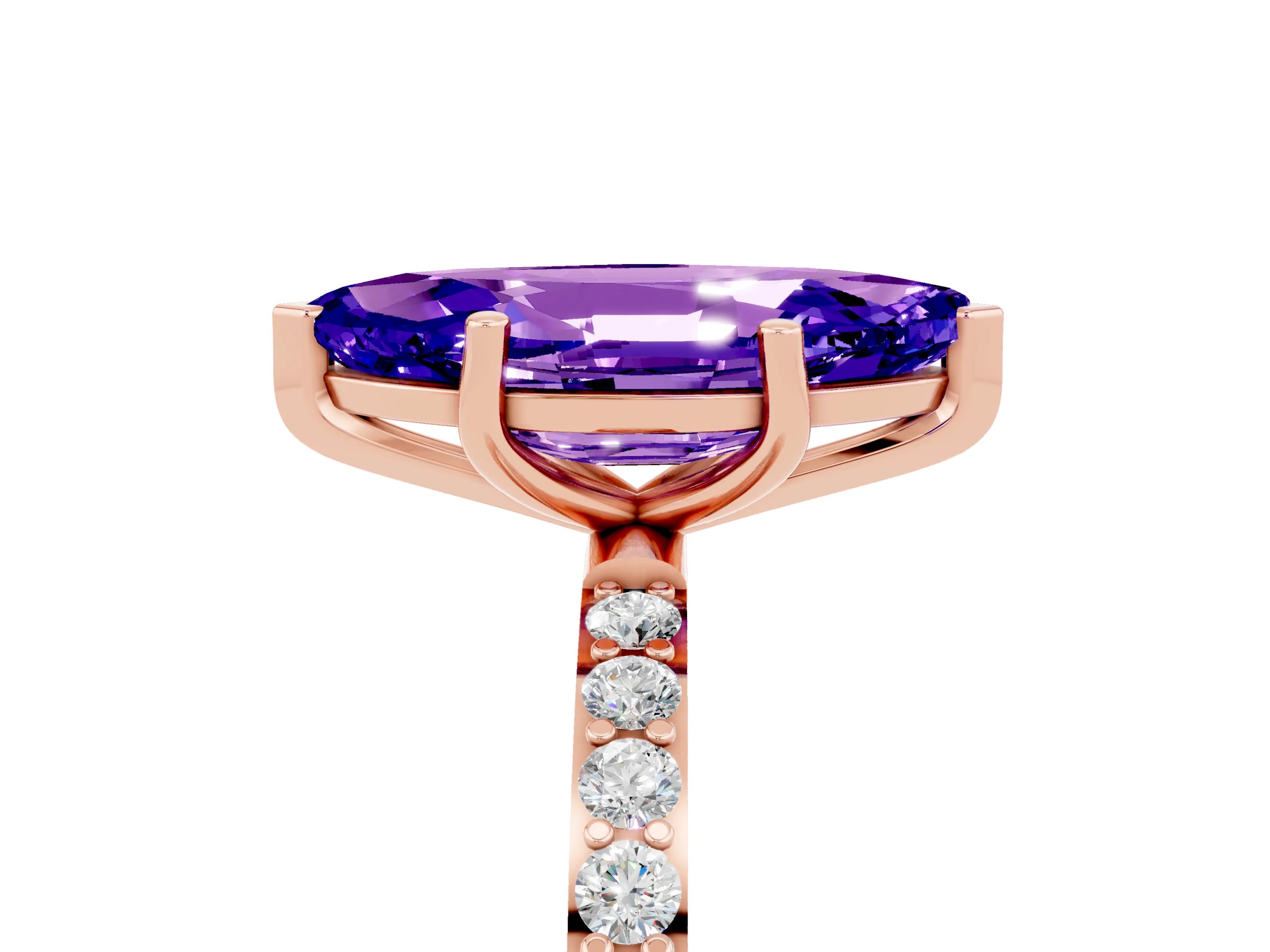 Rose gold Marquise Cut Tanzanite Solitaire Ring with Pave Band and Four Prong Setting_29