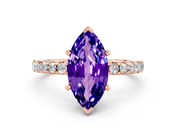 Rose gold Marquise Cut Tanzanite Solitaire Ring with Round  Pavé Band and Four-Prong Setting