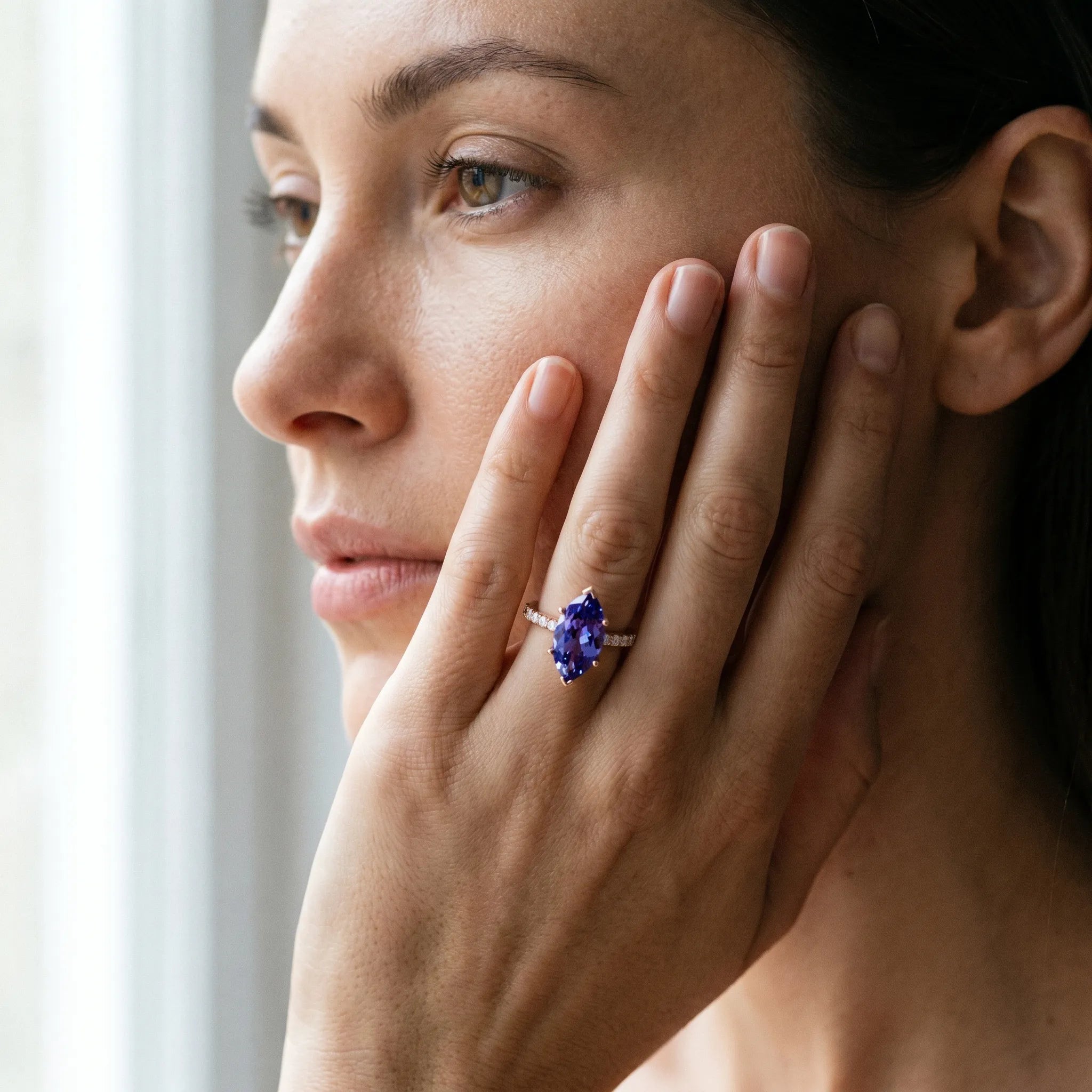 Rose gold Marquise Cut Tanzanite Solitaire Ring with Round  Pavé Band and Four-Prong Setting_43