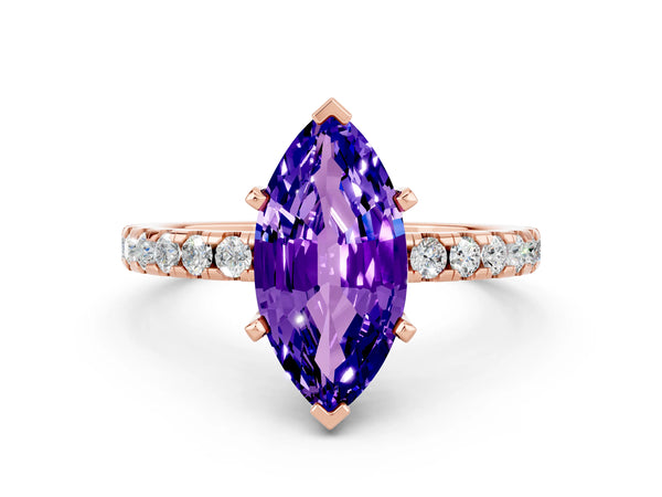 Rose gold Marquise Cut Tanzanite Solitaire Ring with Round Pavé Band and Four-Prong Setting