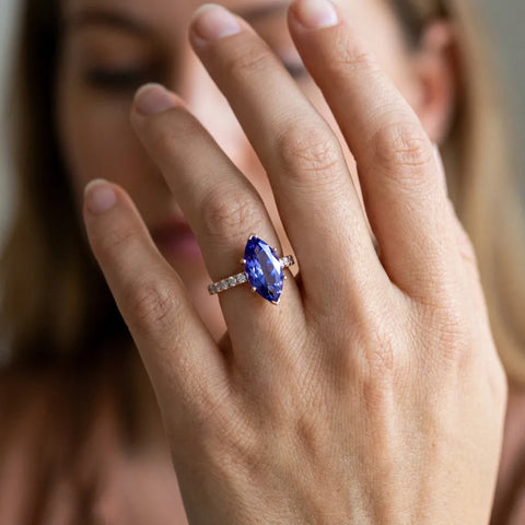Rose gold Marquise Cut Tanzanite Solitaire Ring with Round  Pavé Band and Four-Prong Setting_44