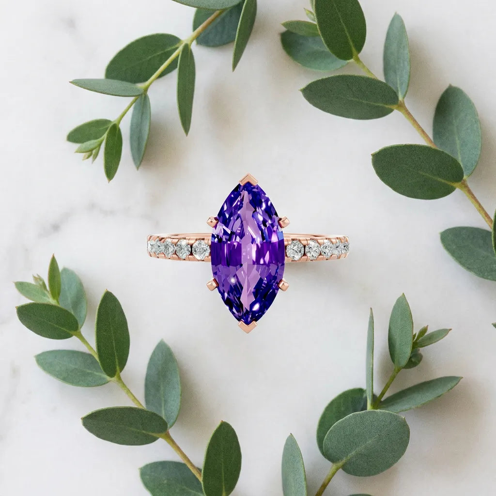 Rose gold Marquise Cut Tanzanite Solitaire Ring with Round  Pavé Band and Four-Prong Setting_45