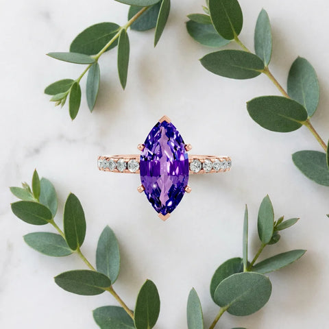 Rose gold Marquise Cut Tanzanite Solitaire Ring with Round  Pavé Band and Four-Prong Setting_45