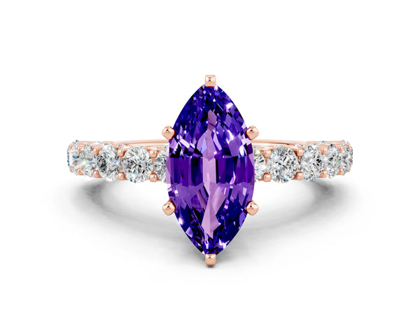Rose gold Marquise Cut Tanzanite Solitaire Ring with Shared Prong Pavé Band and Four-Prong Setting