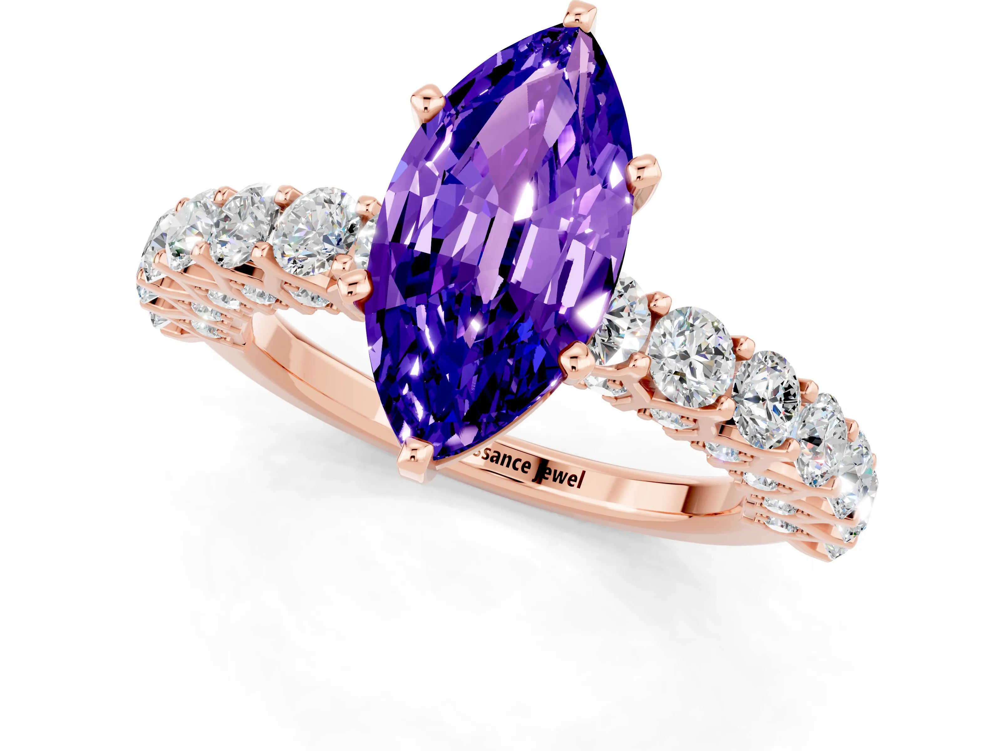 Rose gold Marquise Cut Tanzanite Solitaire Ring with Shared Prong Pavé Band and Four-Prong Setting_1