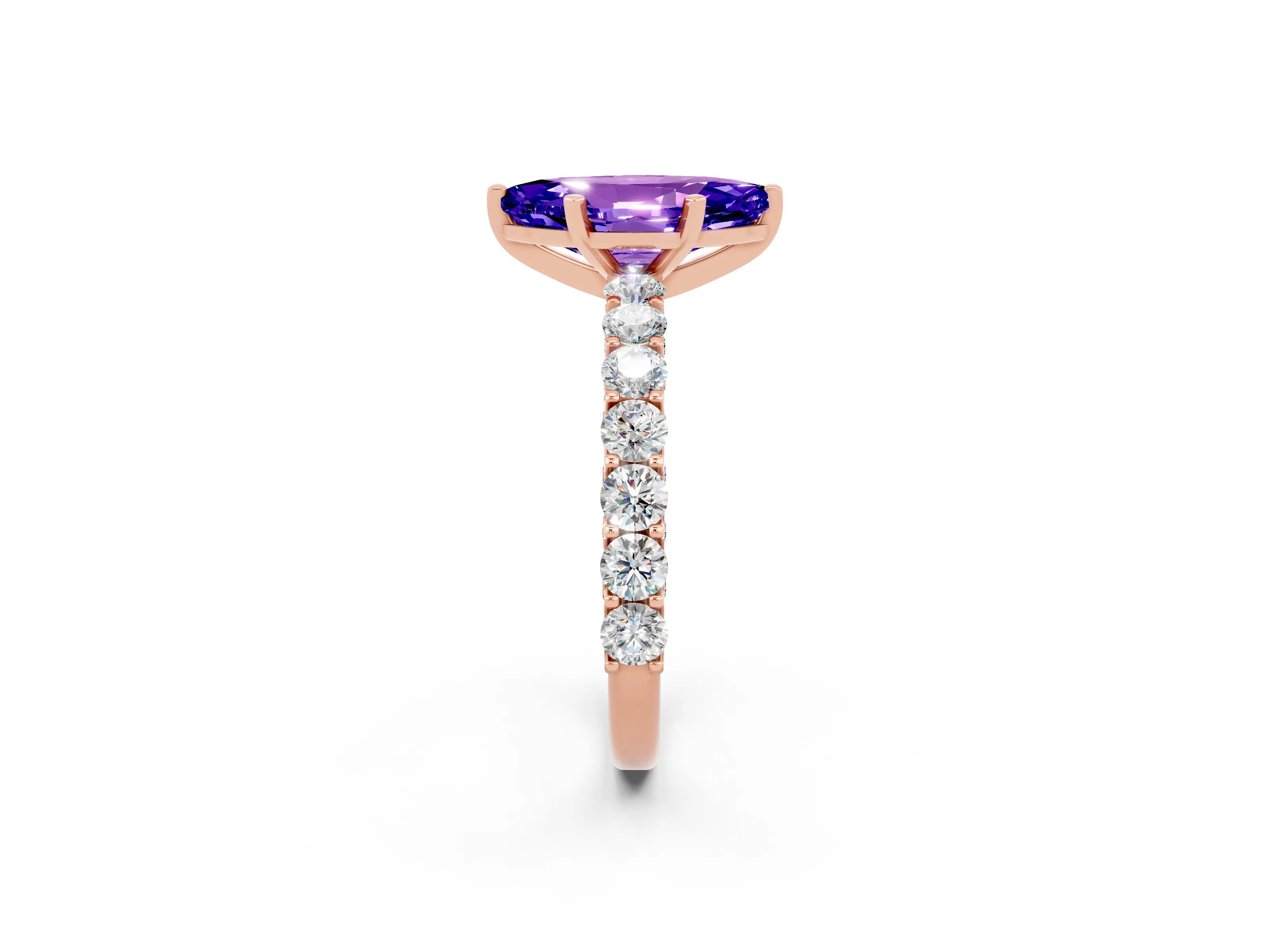 Rose gold Marquise Cut Tanzanite Solitaire Ring with Shared Prong Pavé Band and Four-Prong Setting_2