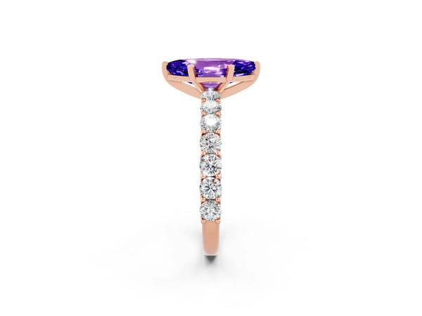 Rose gold Marquise Cut Tanzanite Solitaire Ring with Shared Prong Pavé Band and Four-Prong Setting