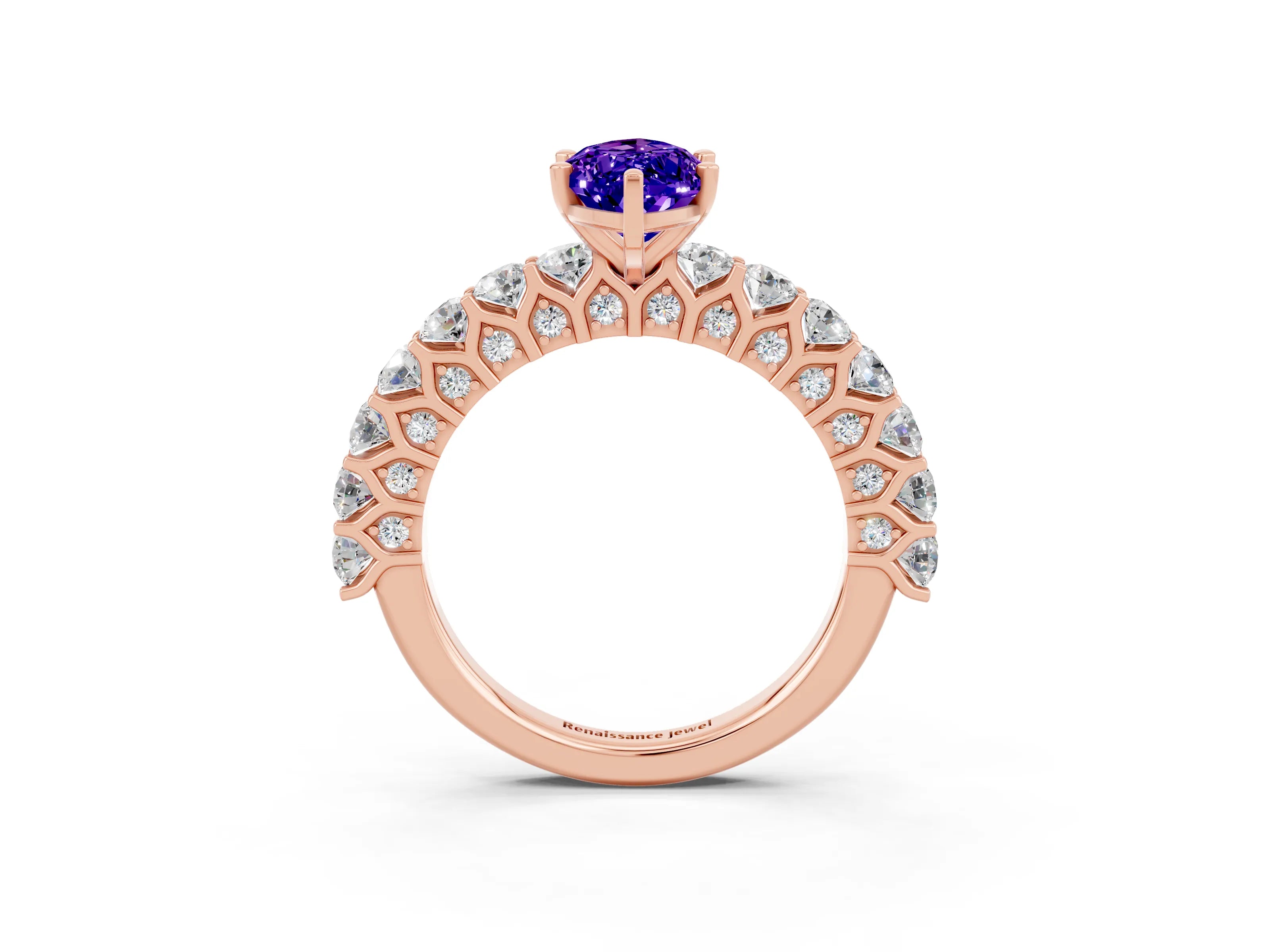 Rose gold Marquise Cut Tanzanite Solitaire Ring with Shared Prong Pavé Band and Four-Prong Setting_3