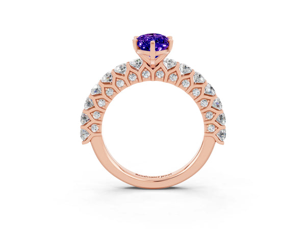 Rose gold Marquise Cut Tanzanite Solitaire Ring with Shared Prong Pavé Band and Four-Prong Setting