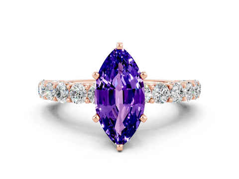 Rose gold Marquise Cut Tanzanite Solitaire Ring with Shared Prong Pavé Band and Four-Prong Setting