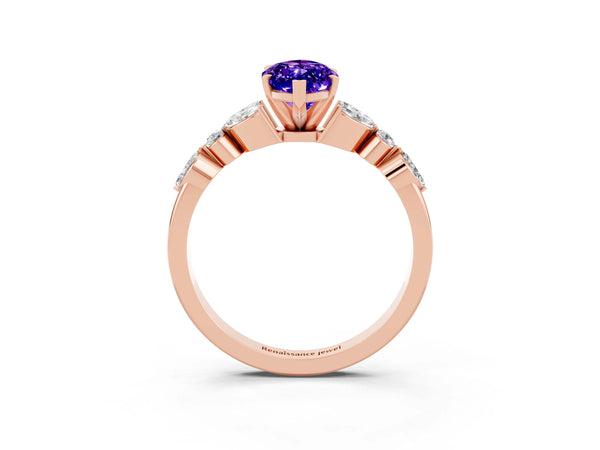 Rose gold Marquise Cut Tanzanite Solitaire Ring with Side Stones and Four-Prong Setting