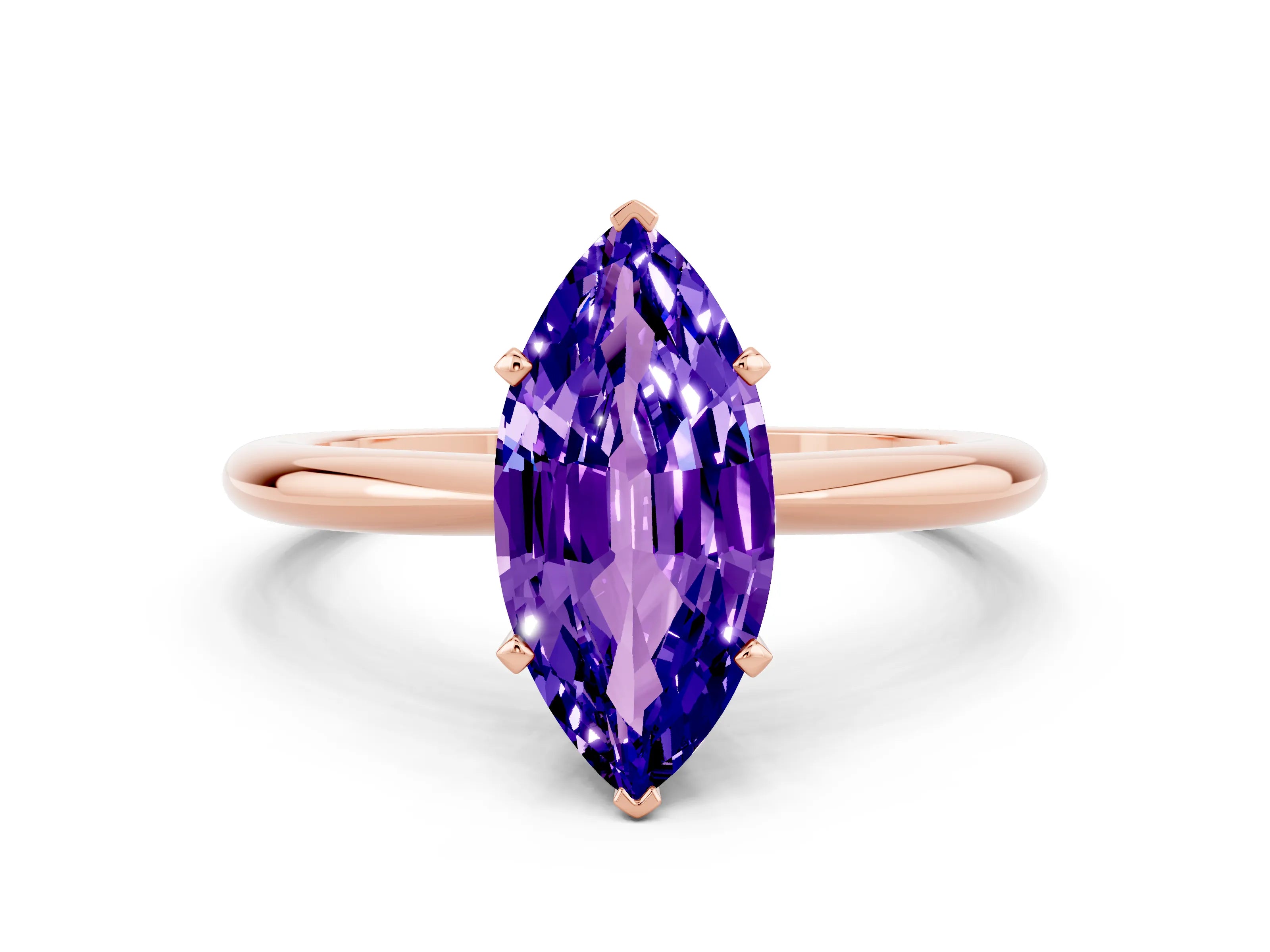 Rose gold Marquise Cut Tanzanite Solitaire Ring with Six-Prong Setting and Classic Band