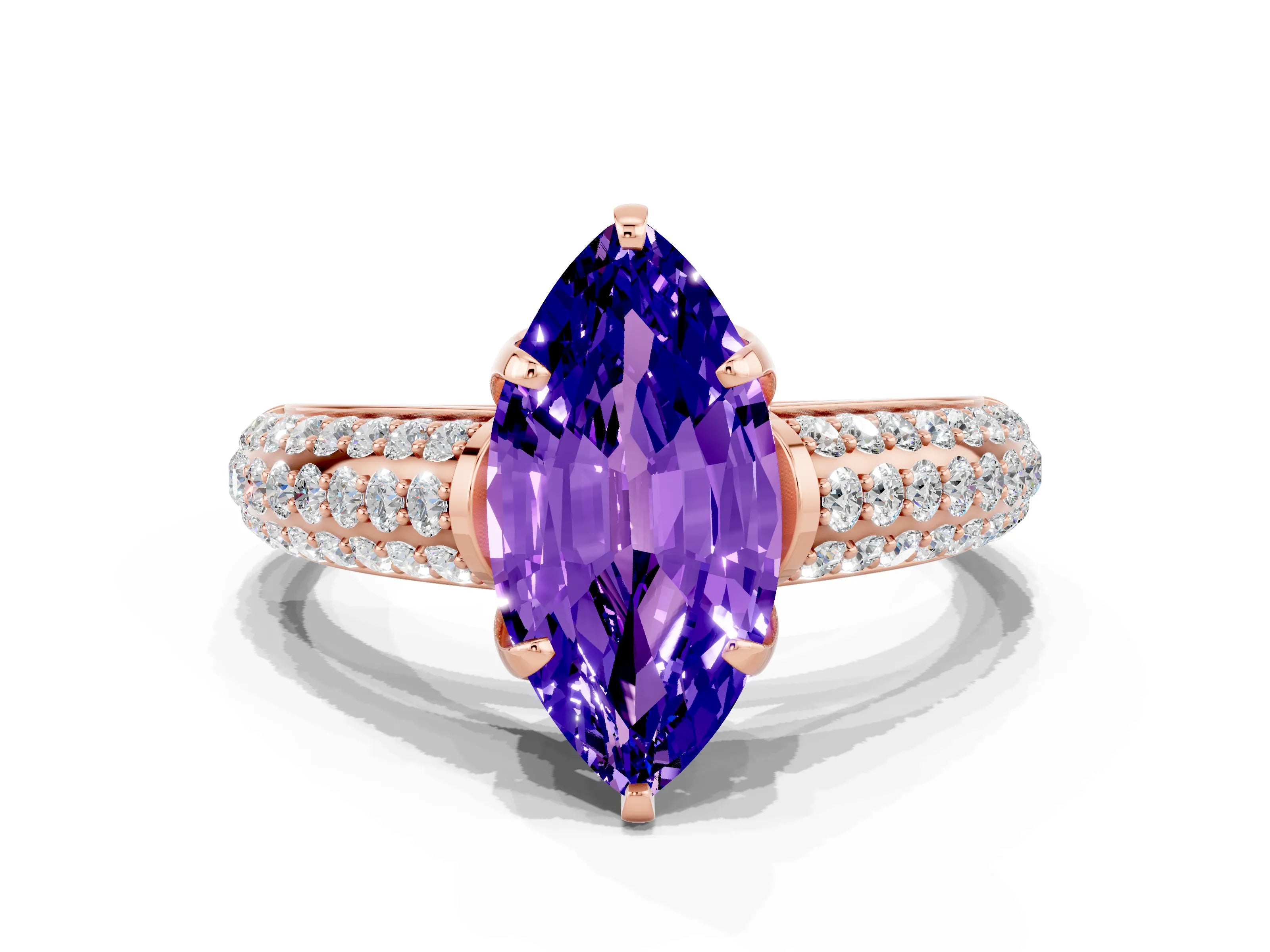 Rose gold Marquise Cut Tanzanite Solitaire Ring with Three-Row Pavé Band and Four-Prong Setting_12
