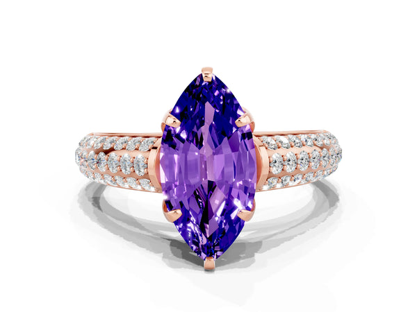 Rose gold Marquise Cut Tanzanite Solitaire Ring with Three-Row Pavé Band and Four-Prong Setting