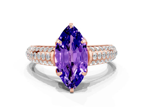 Rose gold Marquise Cut Tanzanite Solitaire Ring with Three-Row Pavé Band and Four-Prong Setting_12