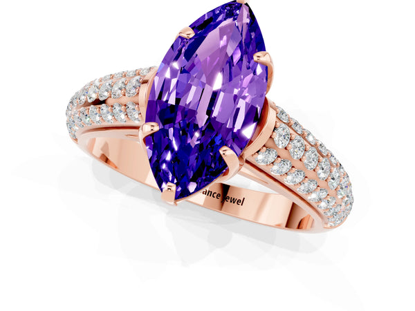 Rose gold Marquise Cut Tanzanite Solitaire Ring with Three-Row Pavé Band and Four-Prong Setting