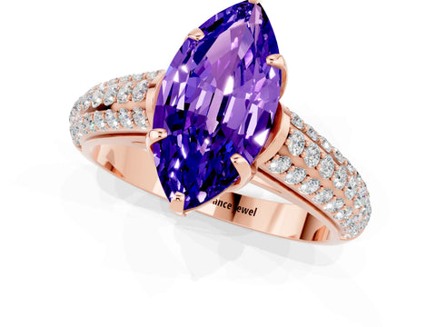 Rose gold Marquise Cut Tanzanite Solitaire Ring with Three-Row Pavé Band and Four-Prong Setting_13