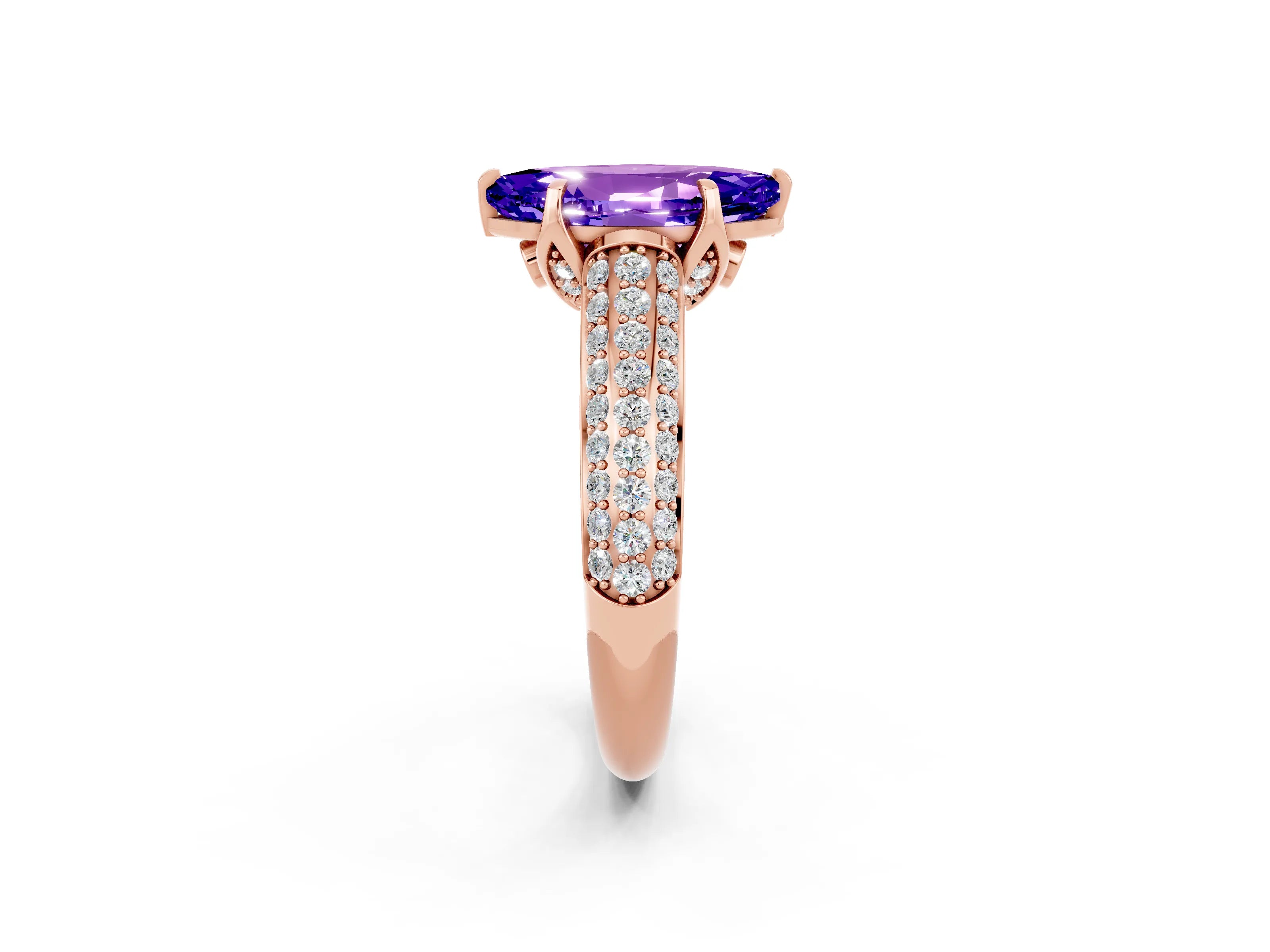Rose gold Marquise Cut Tanzanite Solitaire Ring with Three-Row Pavé Band and Four-Prong Setting_14