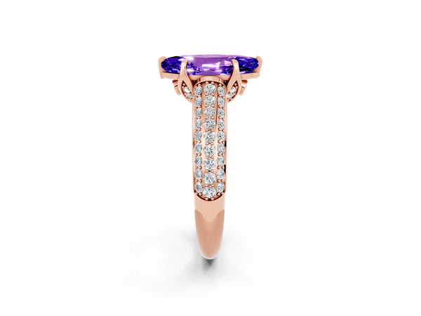 Rose gold Marquise Cut Tanzanite Solitaire Ring with Three-Row Pavé Band and Four-Prong Setting