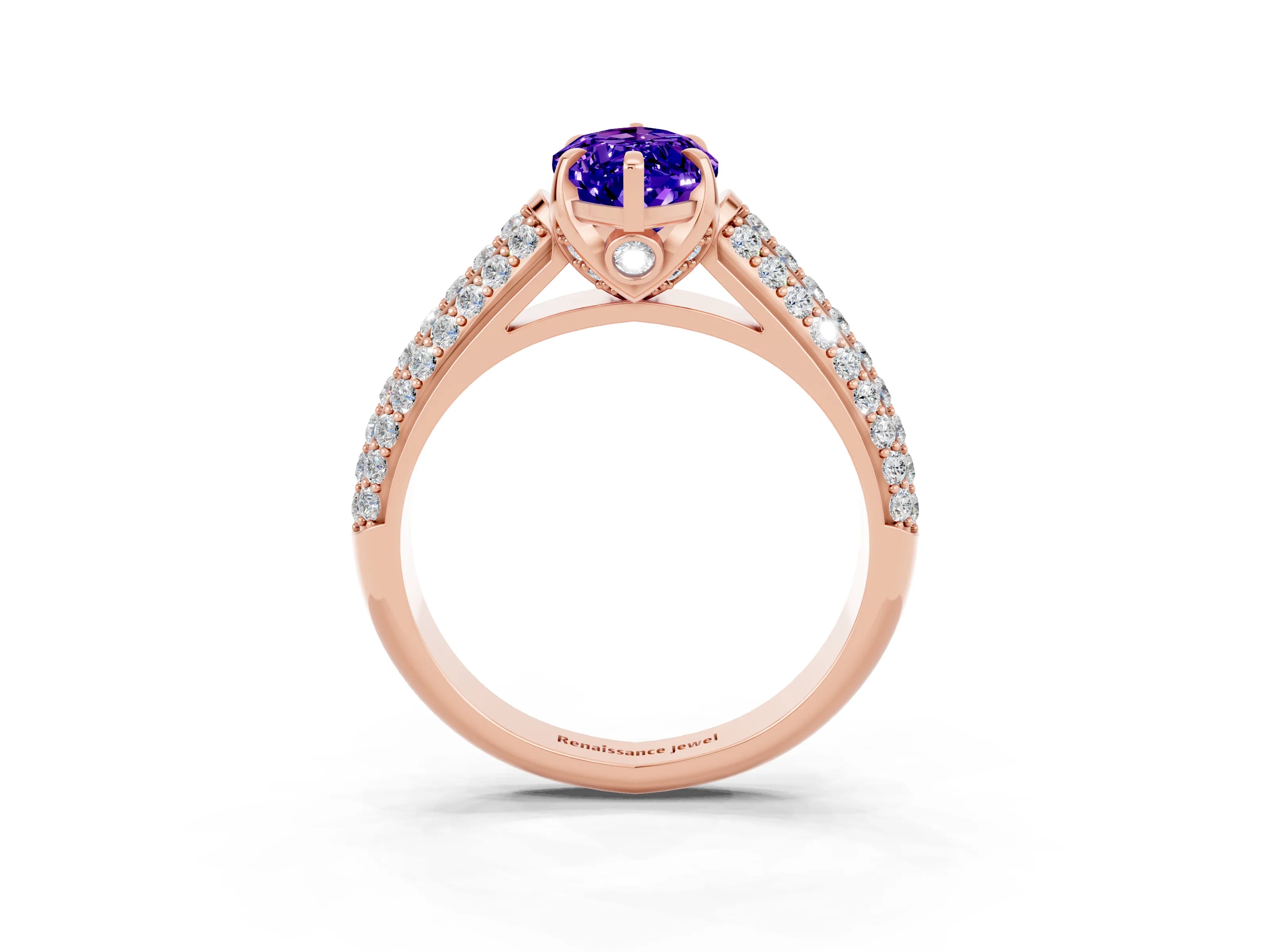 Rose gold Marquise Cut Tanzanite Solitaire Ring with Three-Row Pavé Band and Four-Prong Setting_15