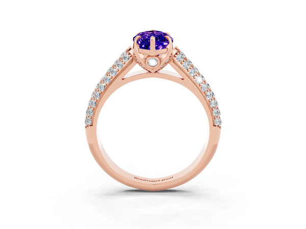 Rose gold Marquise Cut Tanzanite Solitaire Ring with Three-Row Pavé Band and Four-Prong Setting