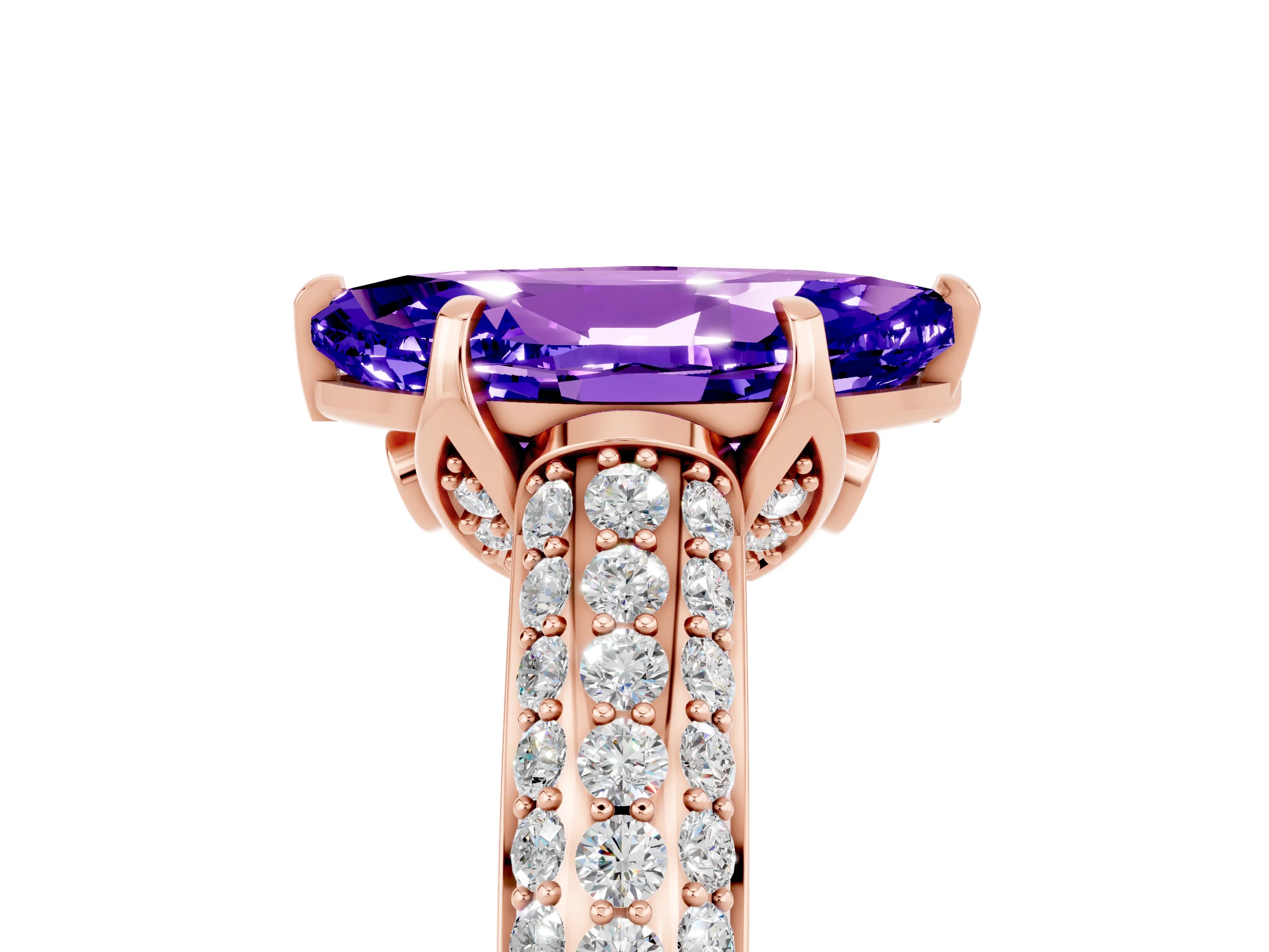 Rose gold Marquise Cut Tanzanite Solitaire Ring with Three-Row Pavé Band and Four-Prong Setting_17