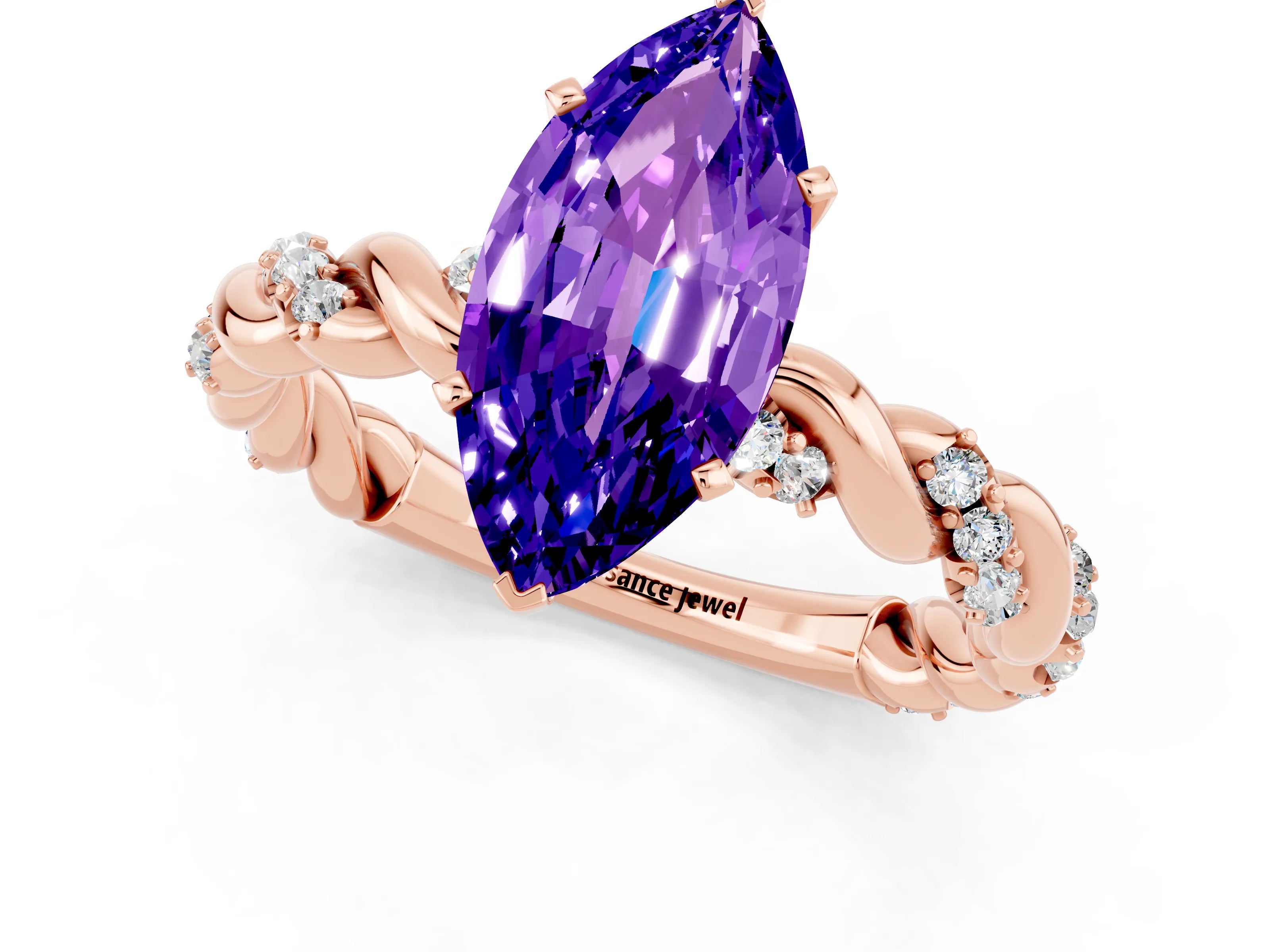 Rose gold Marquise Cut Tanzanite Solitaire Ring with Twisted Band and Pavé Accents_1