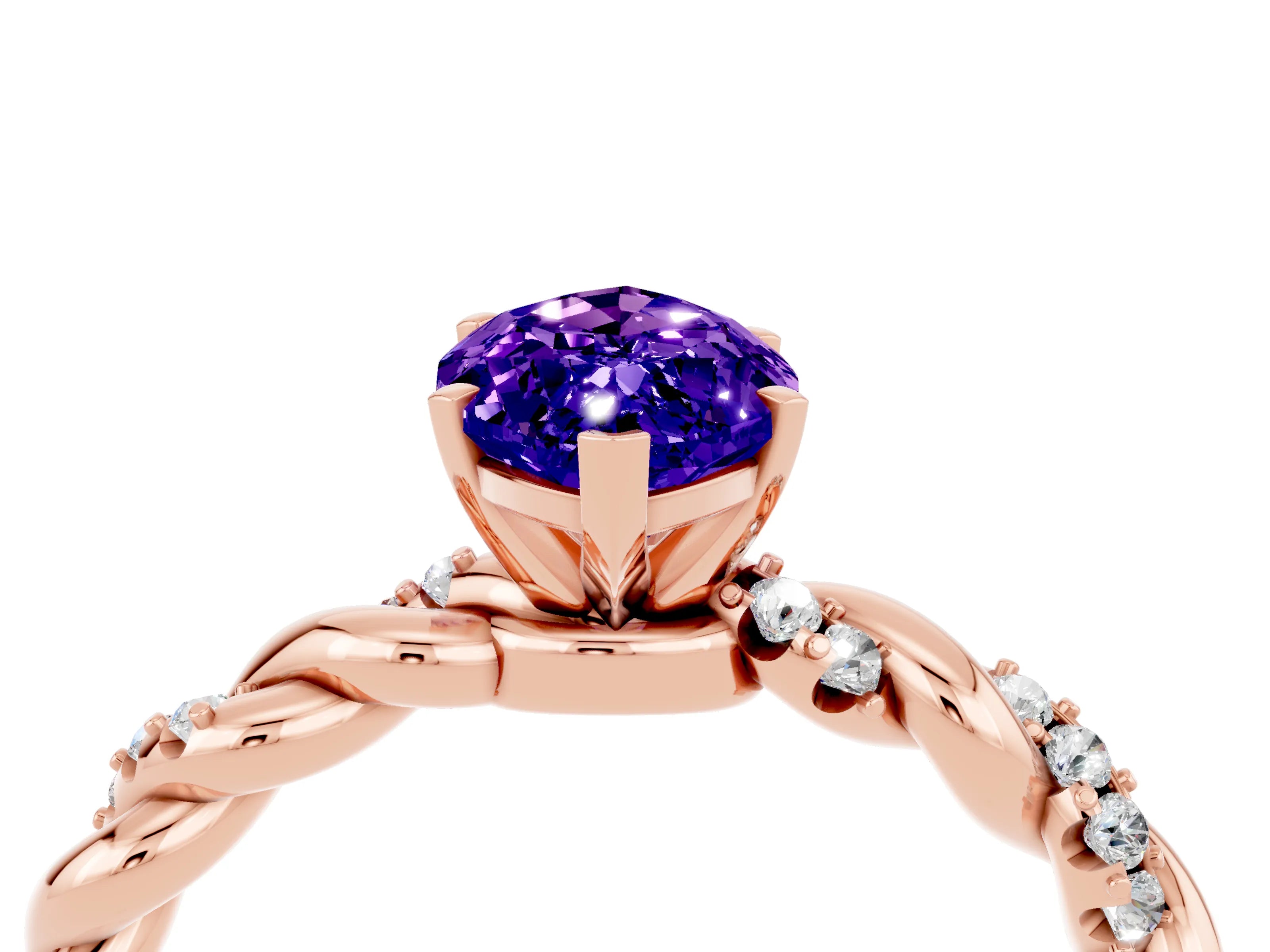Rose gold Marquise Cut Tanzanite Solitaire Ring with Twisted Band and Pavé Accents_4