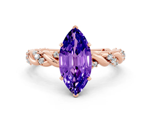 Rose gold Marquise Cut Tanzanite Solitaire Ring with Twisted Band and Pavé Accents