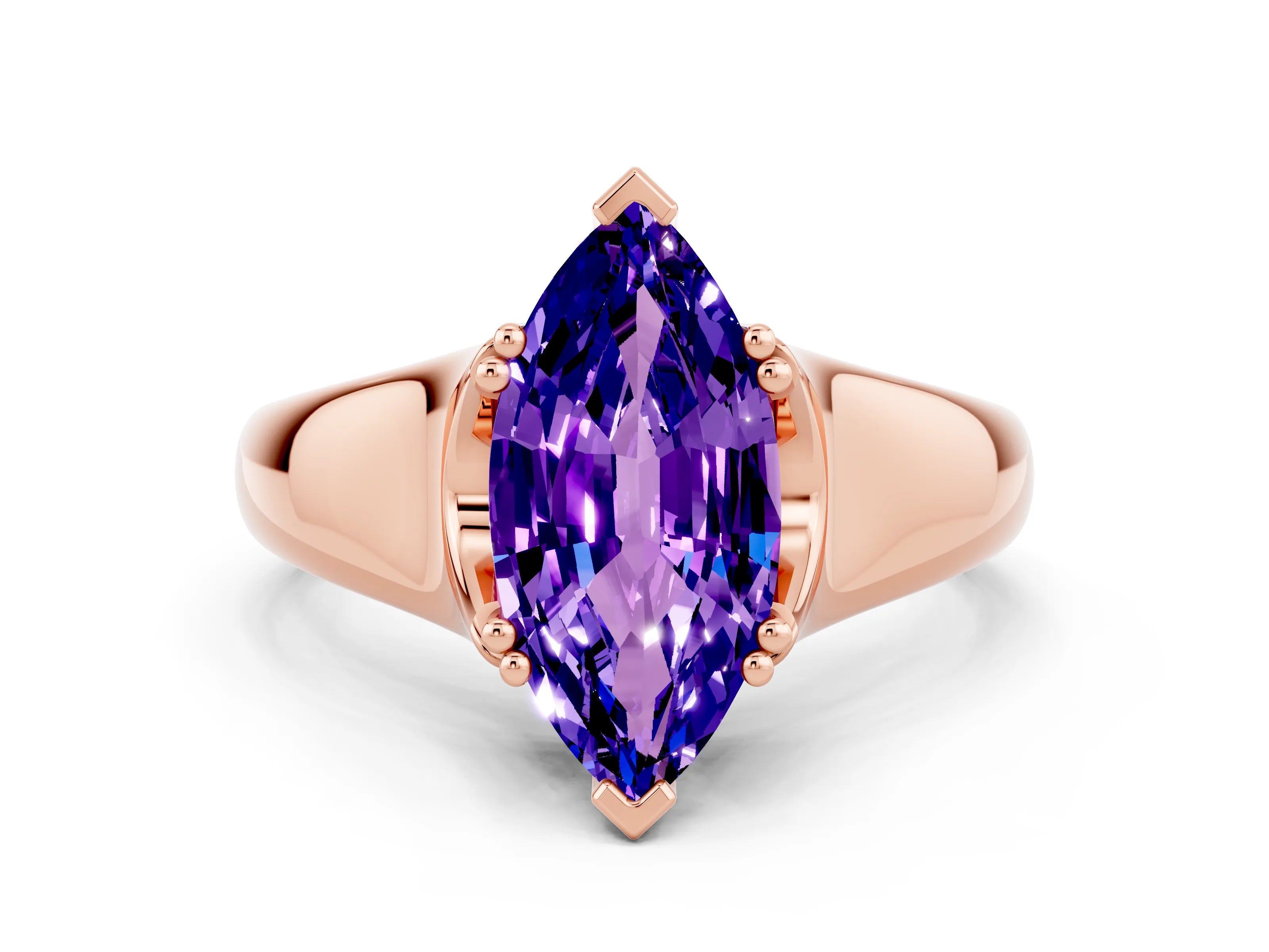 Rose gold Marquise Cut Tanzanite Solitaire Ring with Wide Band and Prong Setting
