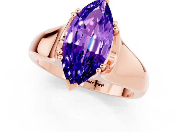 Rose gold Marquise Cut Tanzanite Solitaire Ring with Wide Band and Prong Setting