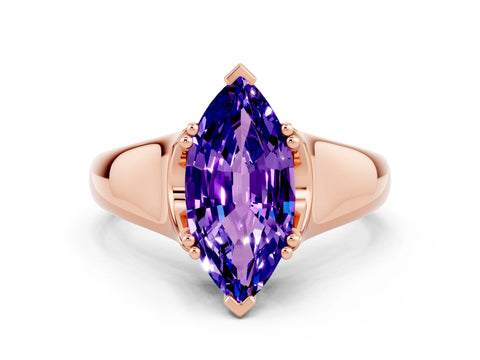 Rose gold Marquise Cut Tanzanite Solitaire Ring with Wide Band and Prong Setting