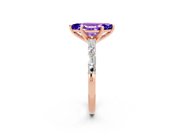 Rose gold Marquise Cut Tanzanite Solitaire with Side Baguettes and Channel Set Band