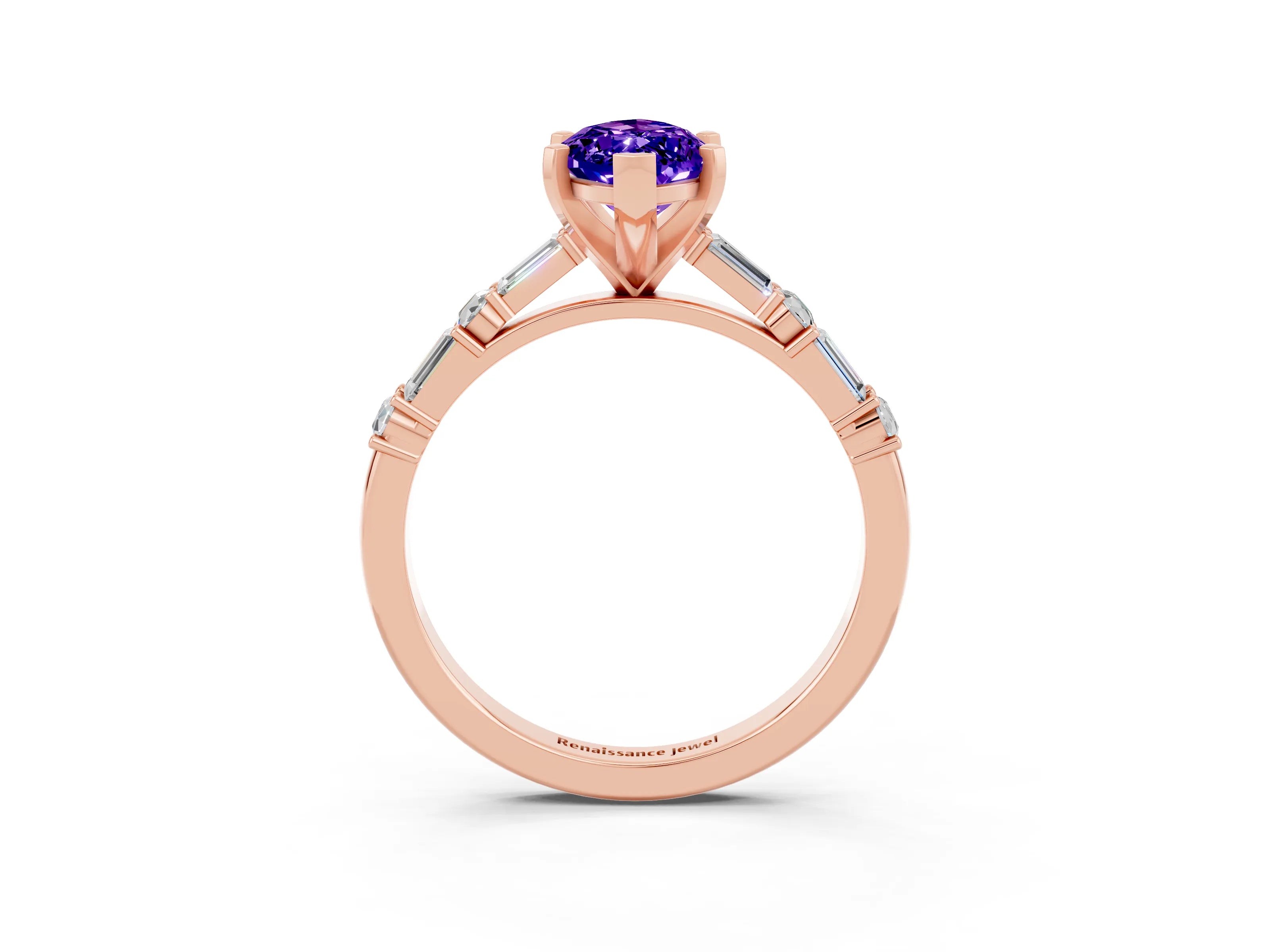 Rose gold Marquise Cut Tanzanite Solitaire with Side Baguettes and Channel Set Band_3