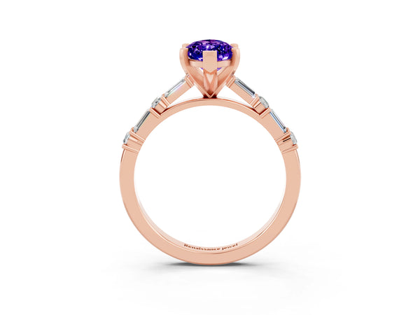 Rose gold Marquise Cut Tanzanite Solitaire with Side Baguettes and Channel Set Band