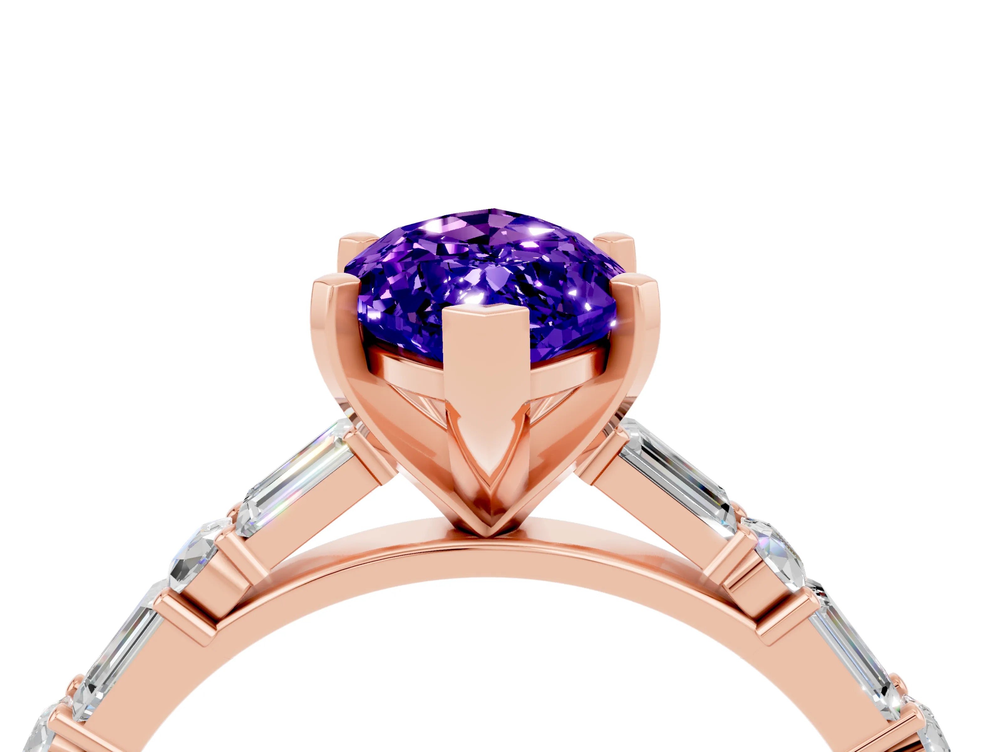 Rose gold Marquise Cut Tanzanite Solitaire with Side Baguettes and Channel Set Band_4