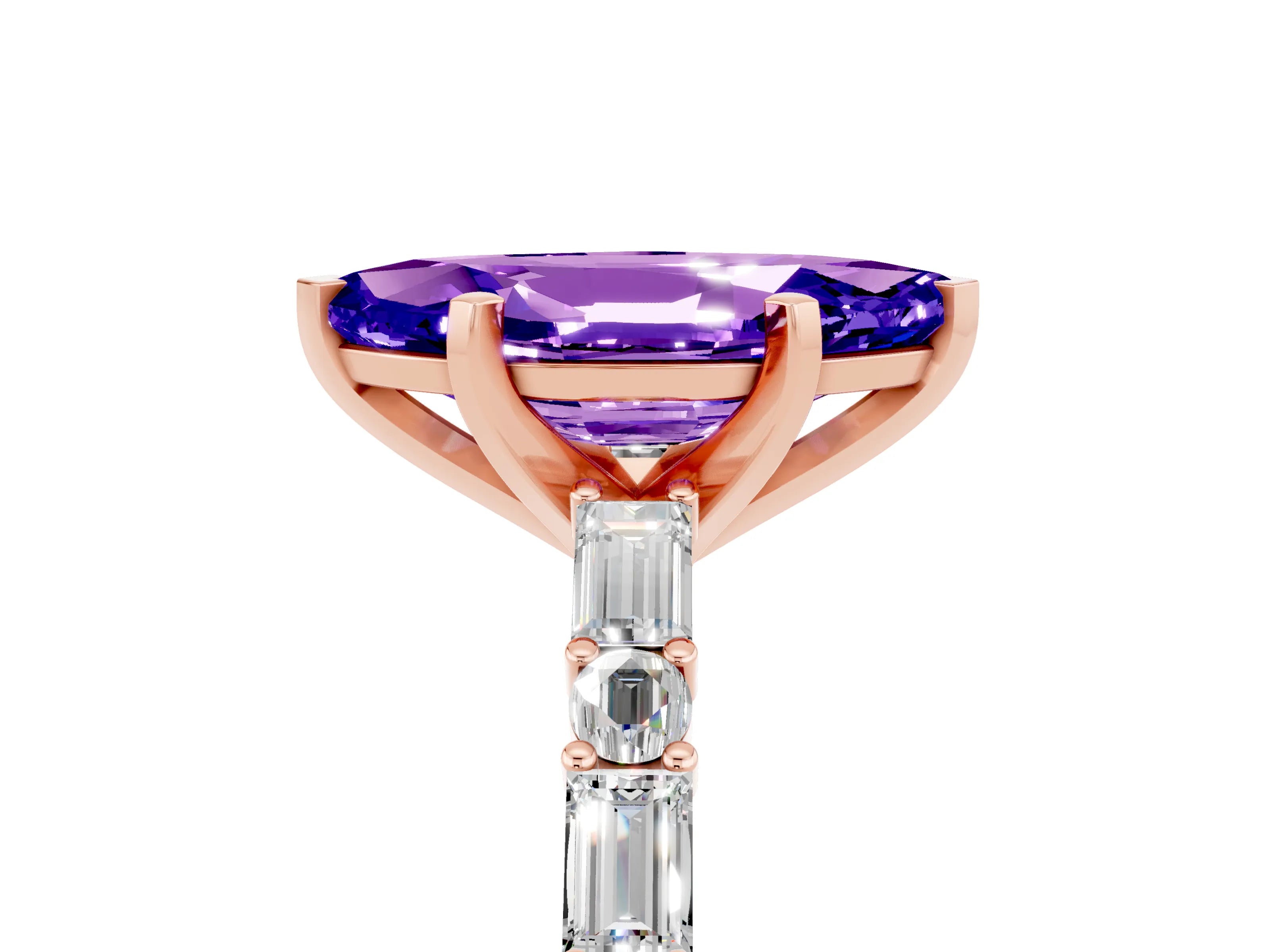Rose gold Marquise Cut Tanzanite Solitaire with Side Baguettes and Channel Set Band_5