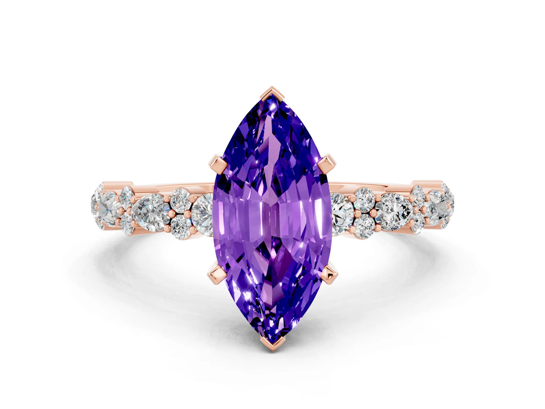 Rose gold Marquise Cut Tanzanite Solitaire with Side Stones, Pave Band, Four-Prong Setting_24
