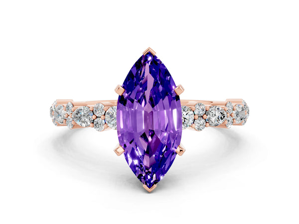 Rose gold Marquise Cut Tanzanite Side Stone Solitaire Ring with Round  and Four-Prong Setting