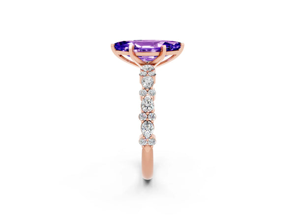 Rose gold Marquise Cut Tanzanite Side Stone Solitaire Ring with Round  and Four-Prong Setting